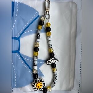 Black and Yellow Beaded Lanyard with Flower Charm